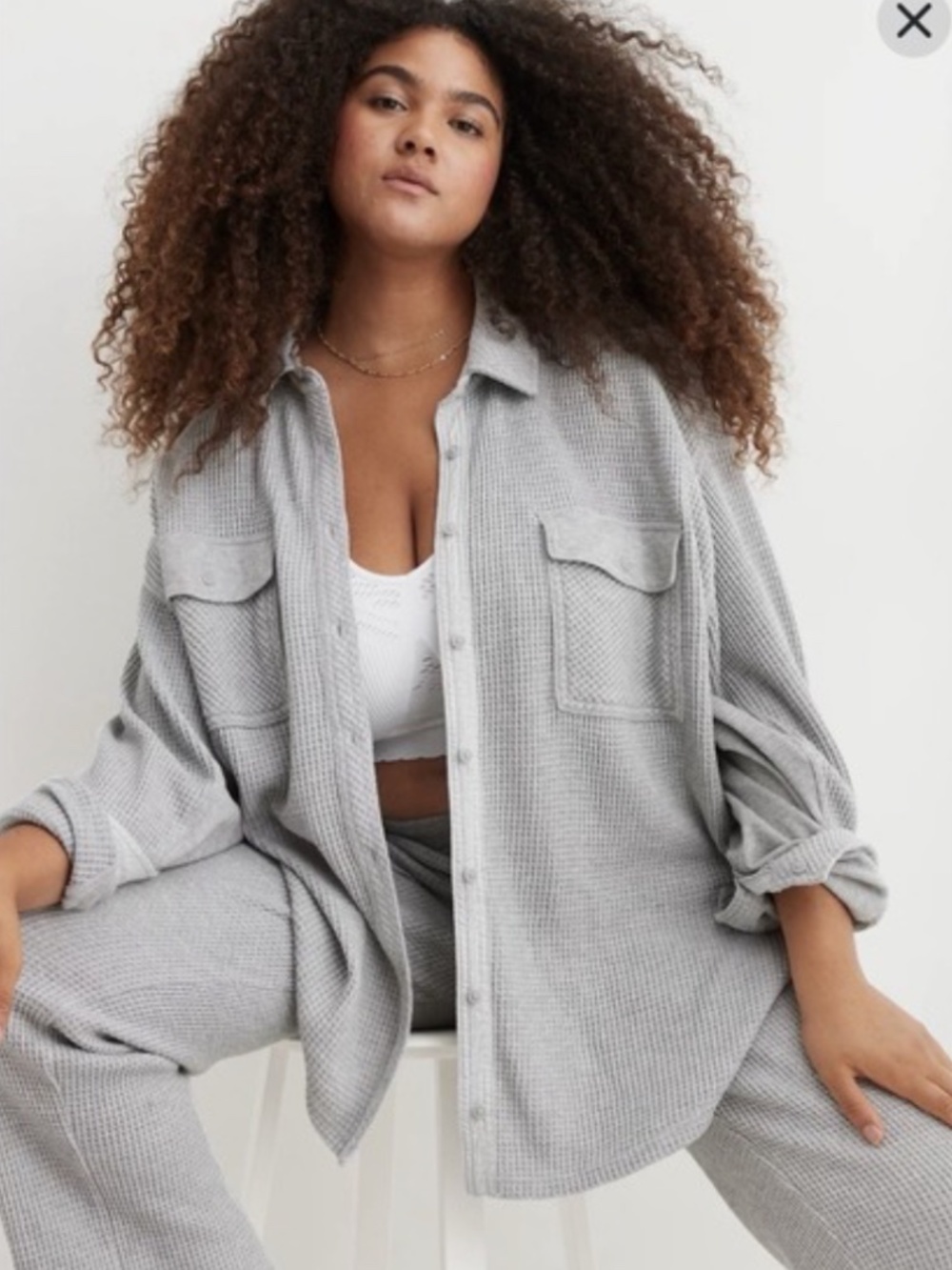 Aerie LumberJane Waffle Knit Oversized Shacket Shirt Grey Heather Ribbed Panels